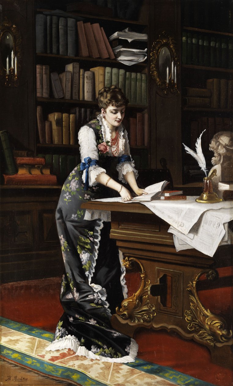 Joven mujer leyendo en una sala de biblioteca de Unbekannt Unbekannt