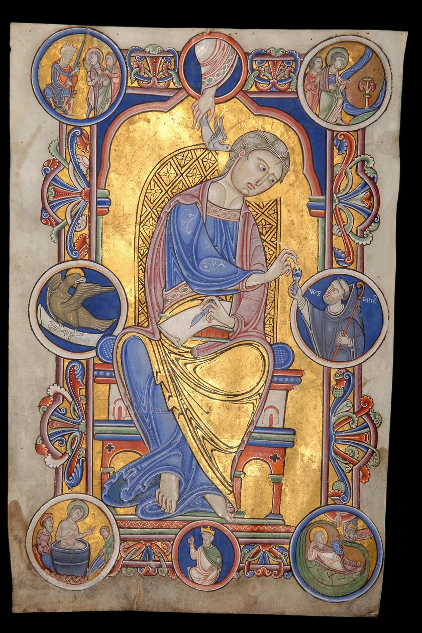El evangelista San Juan y Wédric, abad de Liessies, miniatura aislada de un evangeliario desaparecido proveniente de la abadía de Liessies de Unbekannt Unbekannt