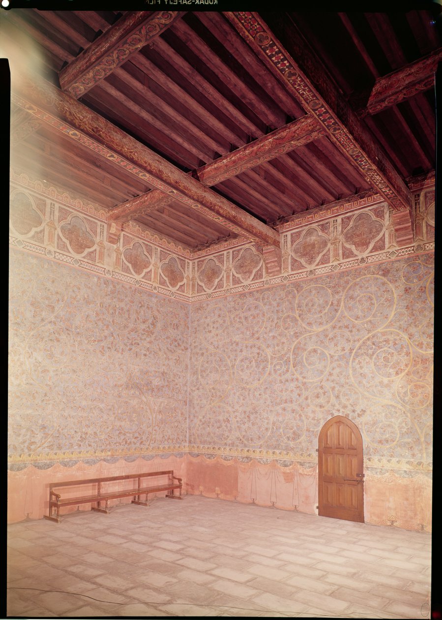 Vista interior del dormitorio del Papa decorado con témpera azul con un patrón de follaje, c.1334-62 de Unbekannt Unbekannt