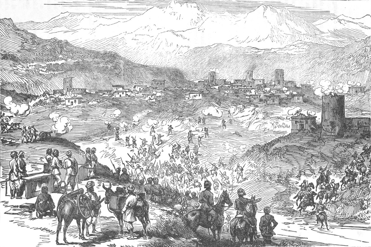 Ataque a una ciudad Afreedi, c1880 de Unbekannt