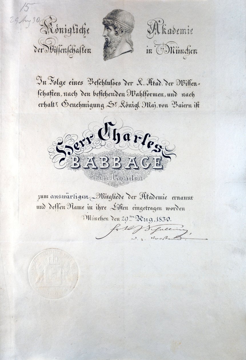 Diploma de Babbage de la Academia Real de Ciencias de Múnich de Unbekannt