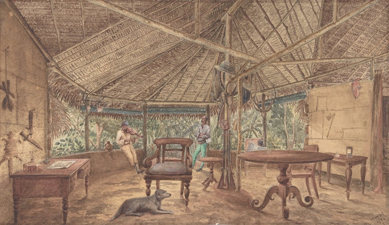 Hombres europeos en una cabaña de la jungla africana, 1886 de Unbekannt