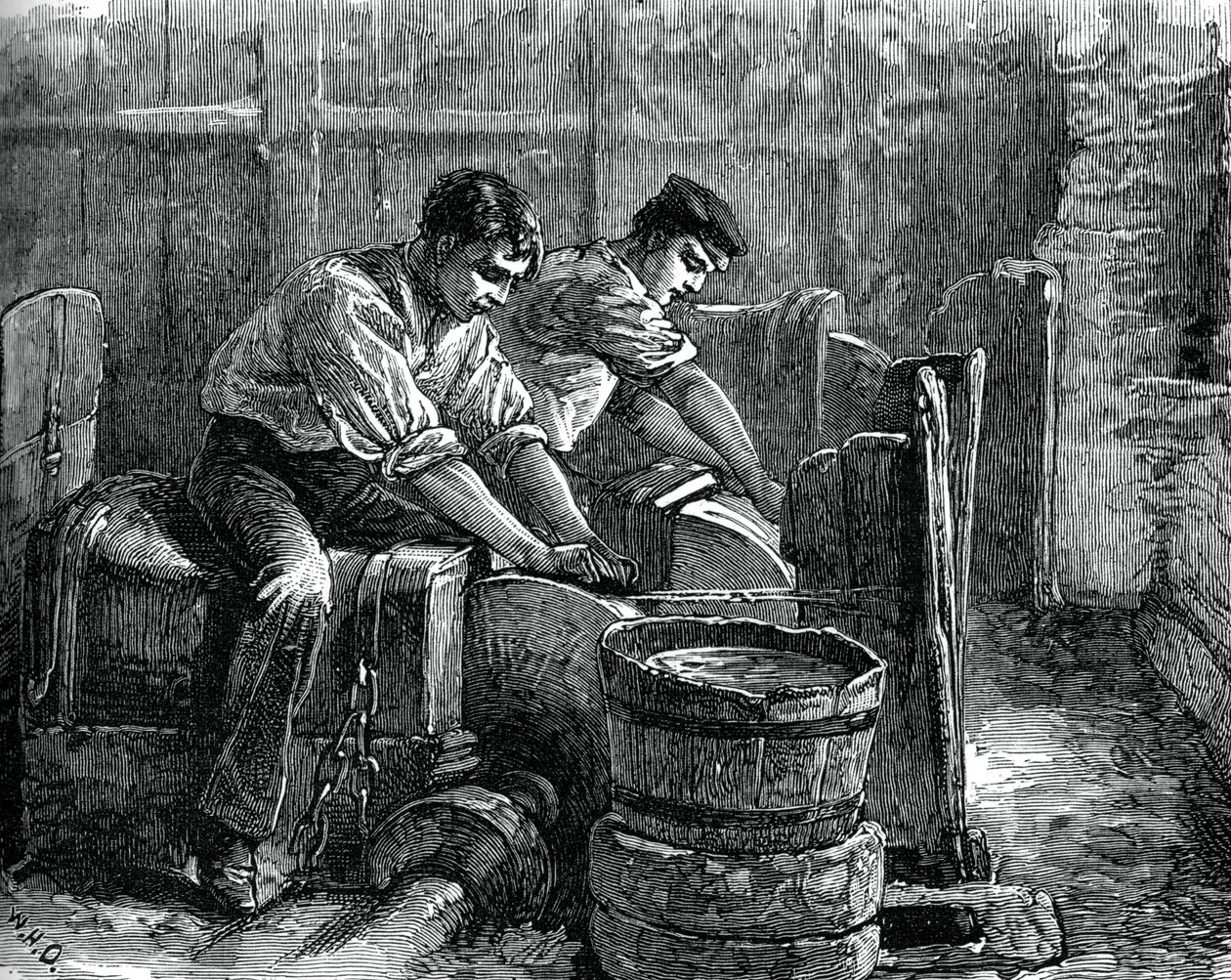 Afiladores trabajando en una rueda, c. 1880 de Unbekannt