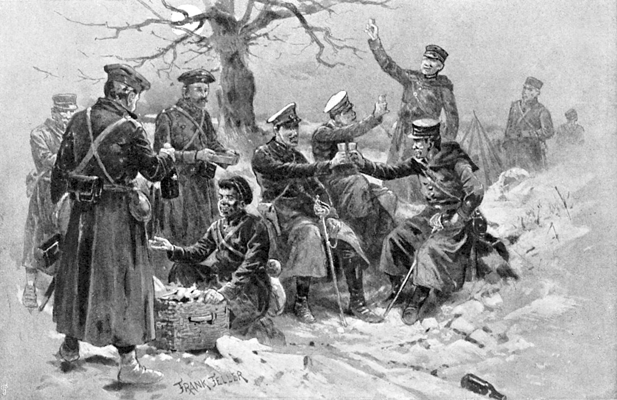 Soldados japoneses y rusos confraternizando, Guerra Ruso-Japonesa, 1904-5 de Unbekannt