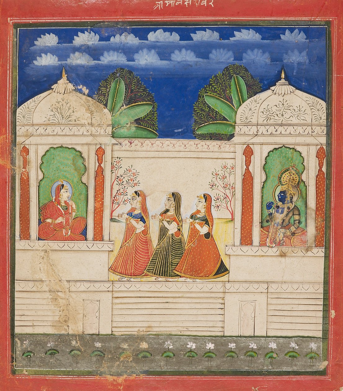 Krishna y Radha en dos pabellones de Unbekannt