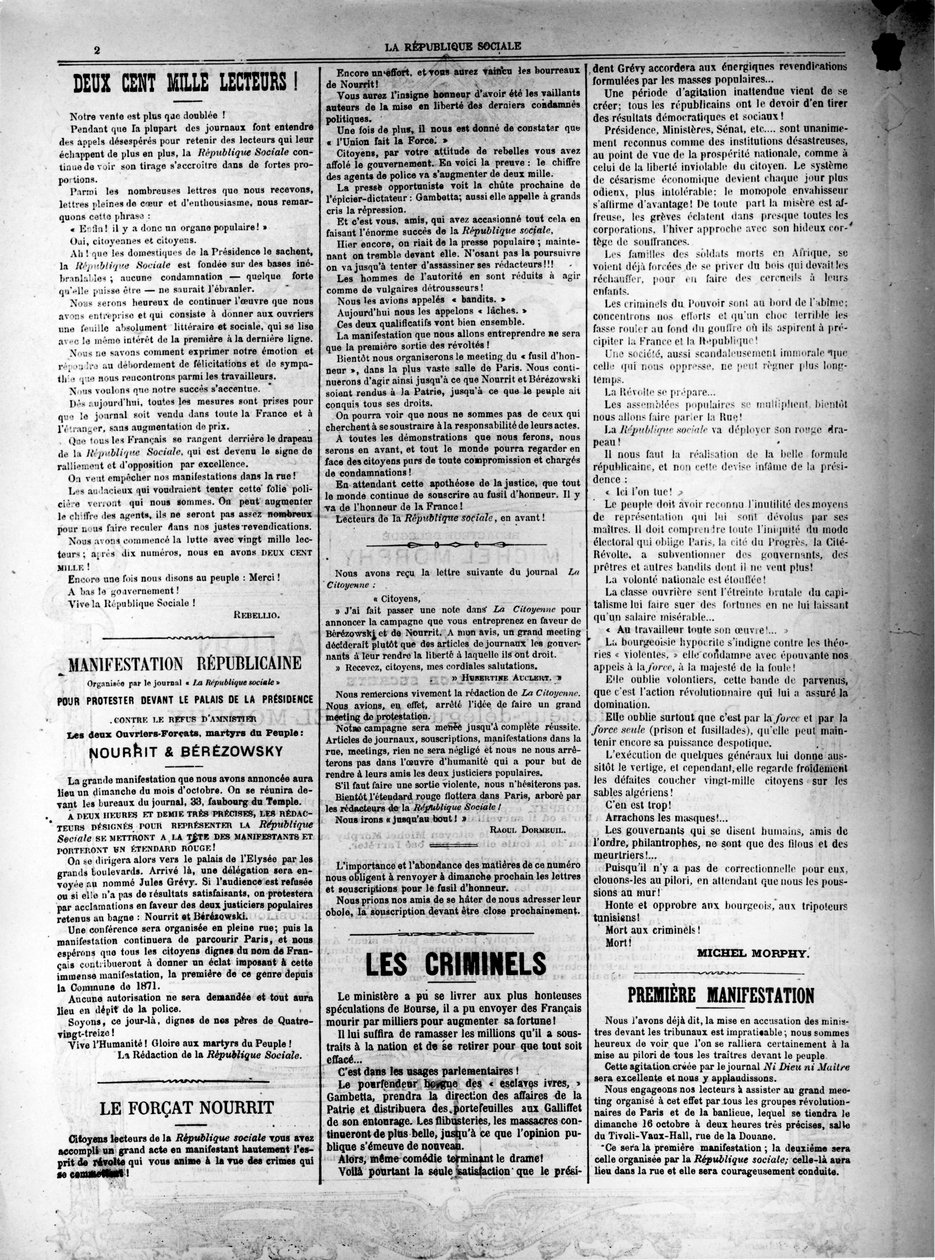 Periódico La République Sociale del 13 de octubre de 1881 de Unbekannt