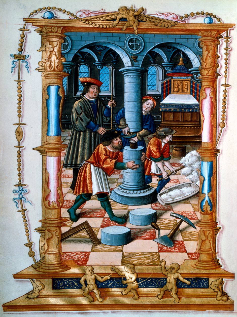Albañiles construyendo un pilar en una iglesia, c1525 de Unbekannt