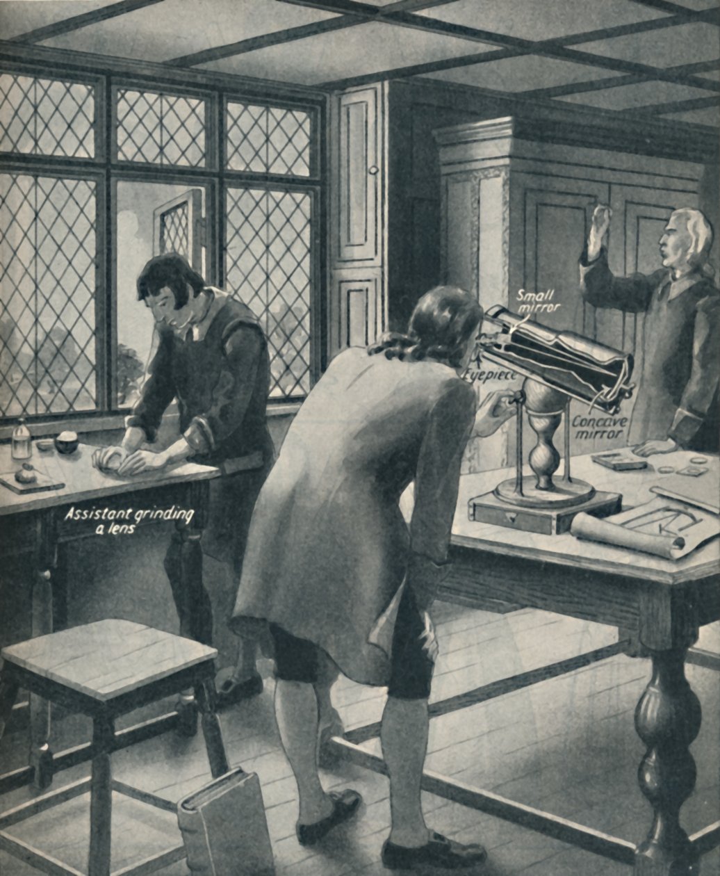 Newton inventa un nuevo telescopio, c1934 de Unbekannt