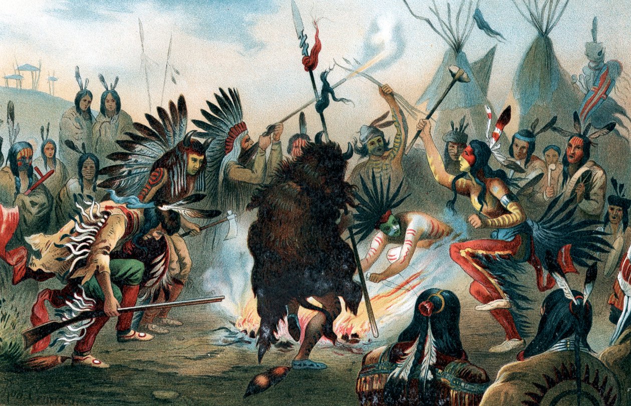 Oleografía de una Danza de Guerra Sioux de Unbekannt