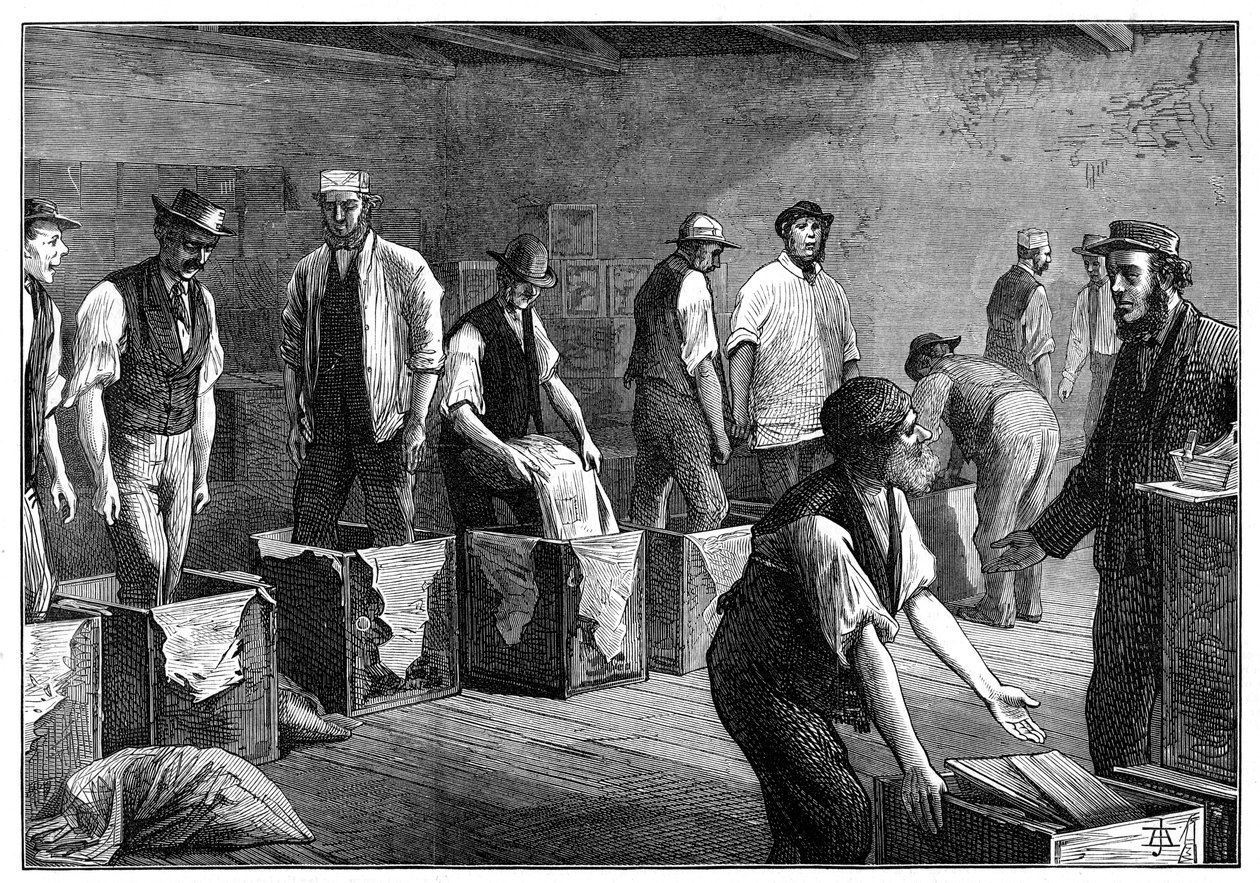 Rellenando cofres en un almacén de té, 1874 de Unbekannt
