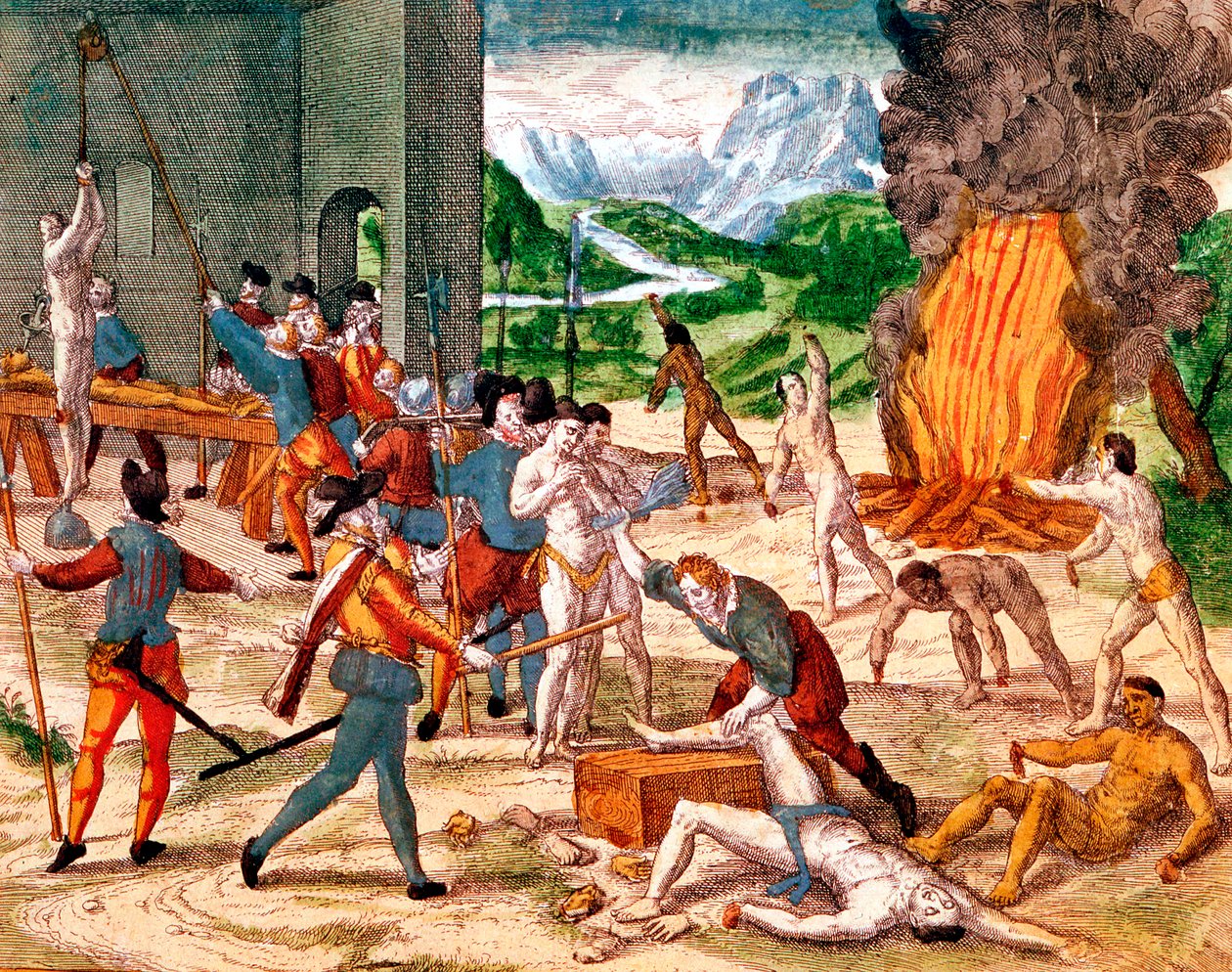 Conquistadores españoles torturando a indios americanos, 1539-1542 de Unbekannt