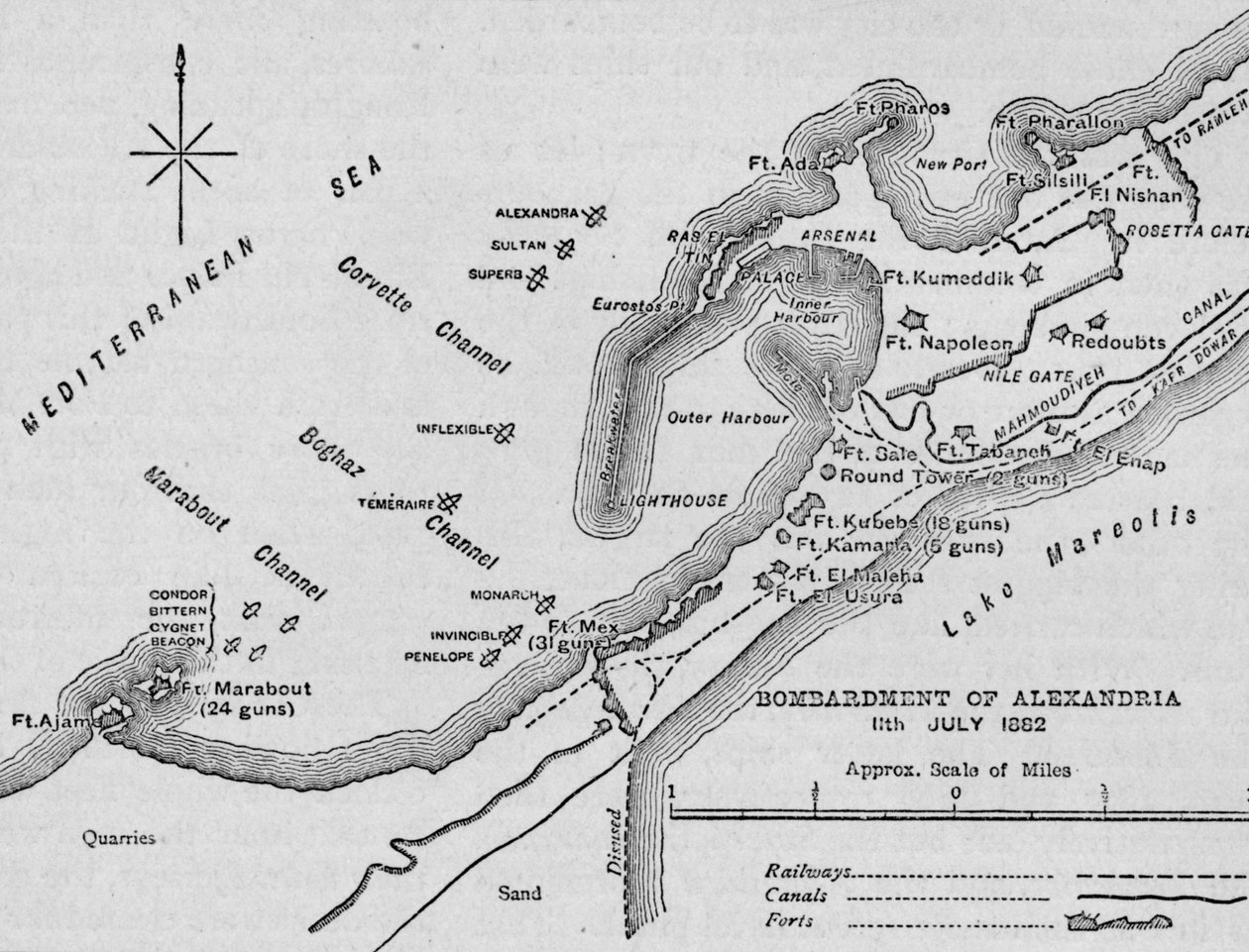 El bombardeo de Alejandría: Mapa esquemático, 1902 de Unbekannt