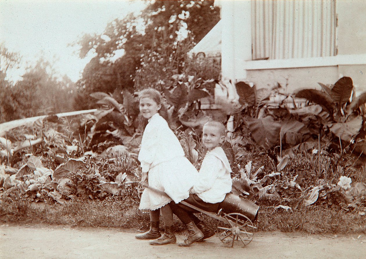 Dos niños jugando al aire libre, 1890s de Unbekannt