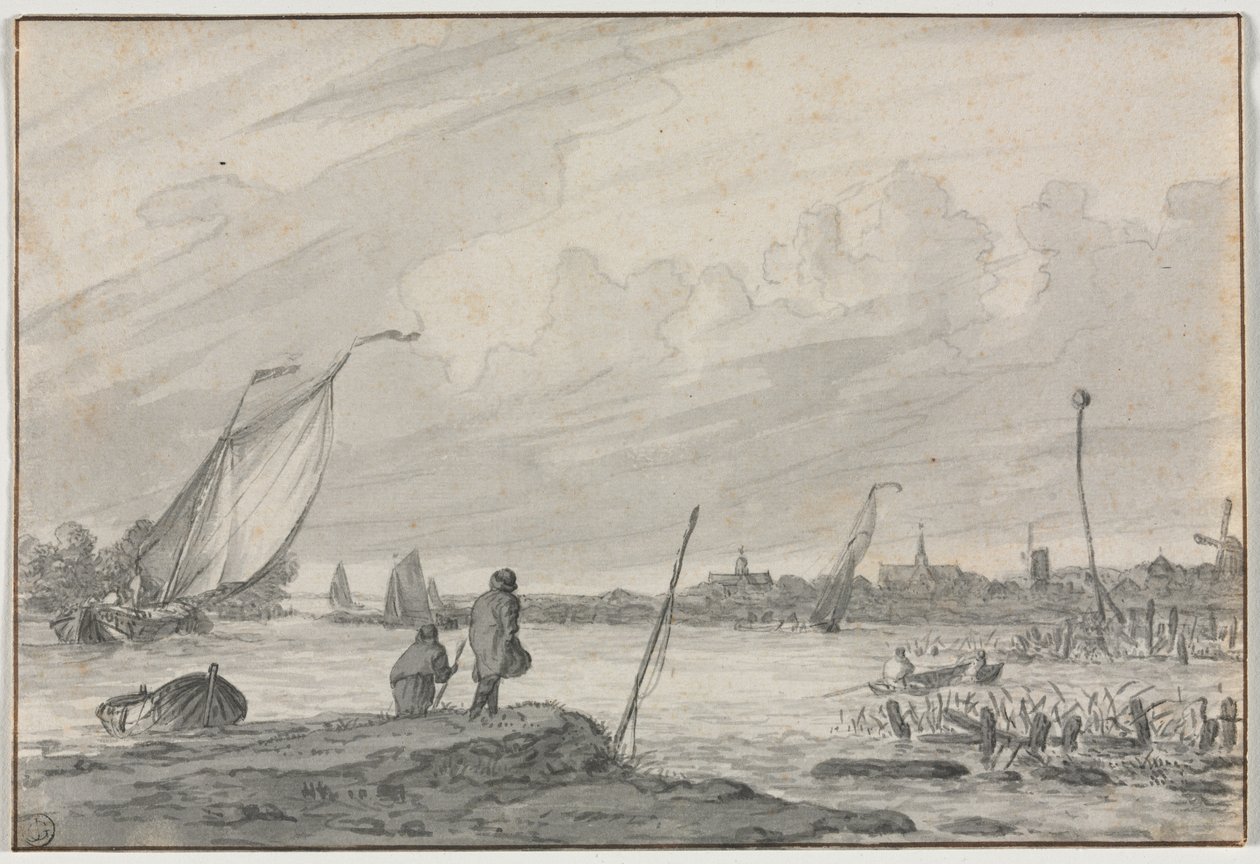 Vista de Alkmaar con barcos, 1600s de Unbekannt