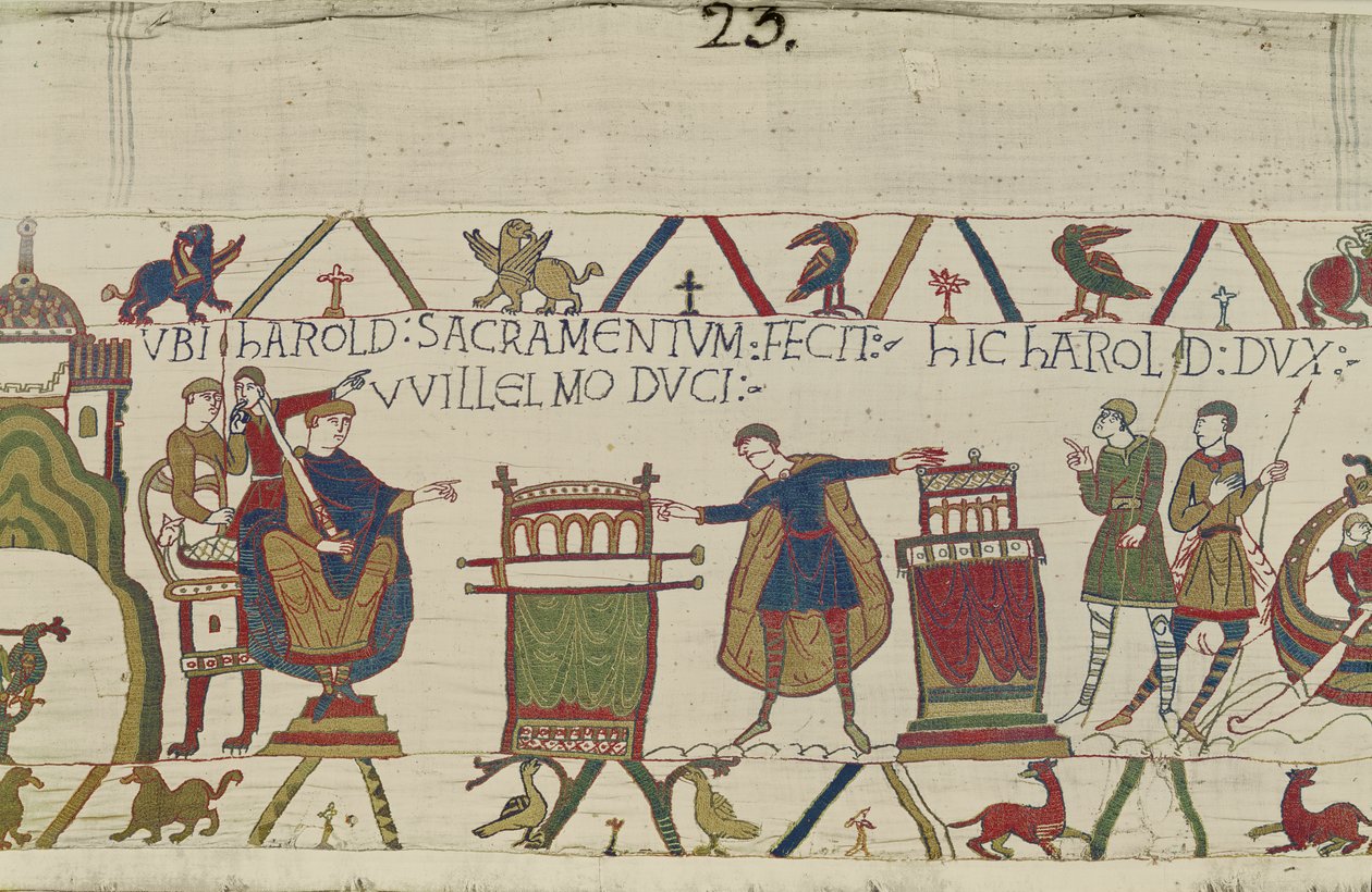 Harold jura un juramento sagrado a William en Bayeux, Tapiz de Bayeux de Unbekannt Unbekannt