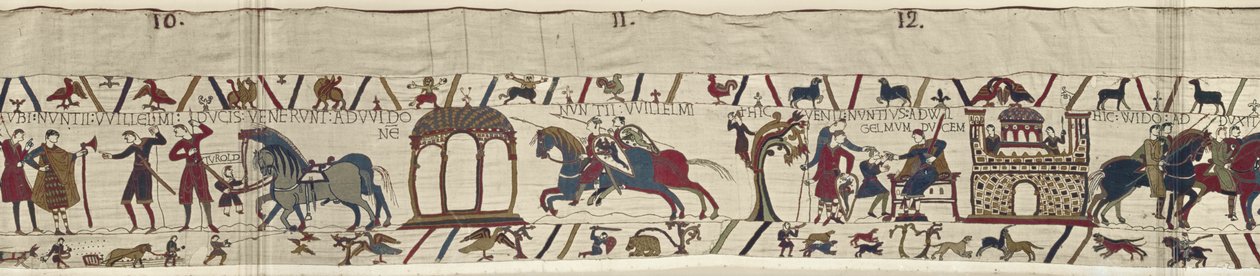 Enviados del duque Guillermo son enviados al conde Guy y regresan con un mensaje, Tapiz de Bayeux de Unbekannt Unbekannt
