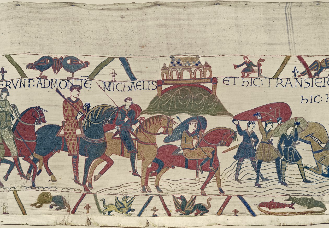 Guillermo lleva a su ejército a Bretaña donde quedan atrapados en arenas movedizas, Tapiz de Bayeux de Unbekannt Unbekannt