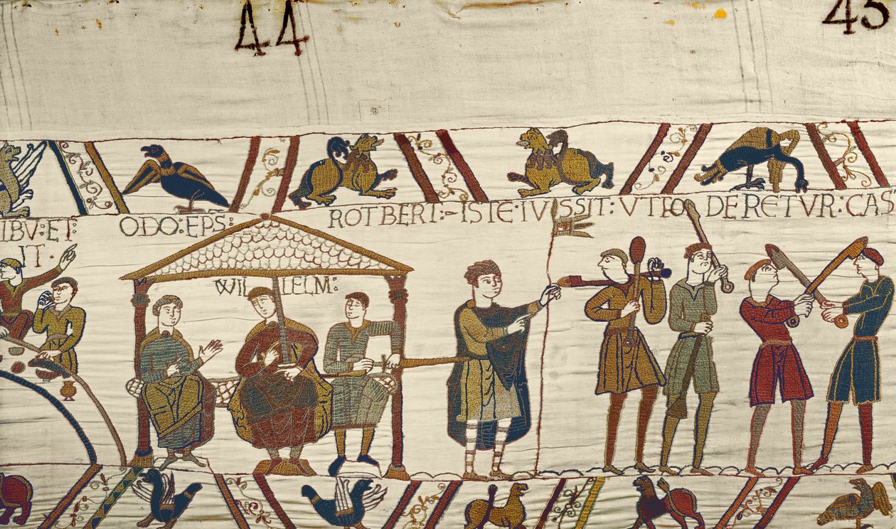 Guillermo, con Roberto de Mortain y el obispo Odo ordenan construir fortificaciones en Hastings, Tapiz de Bayeux de Unbekannt Unbekannt