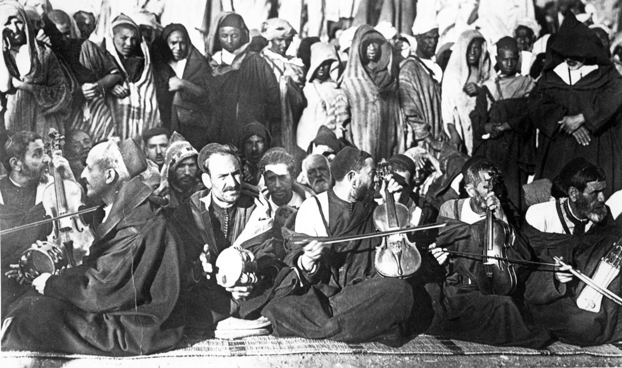 Músicos judíos en Marruecos, c.1900 (fotolitografía) de Unbekannt