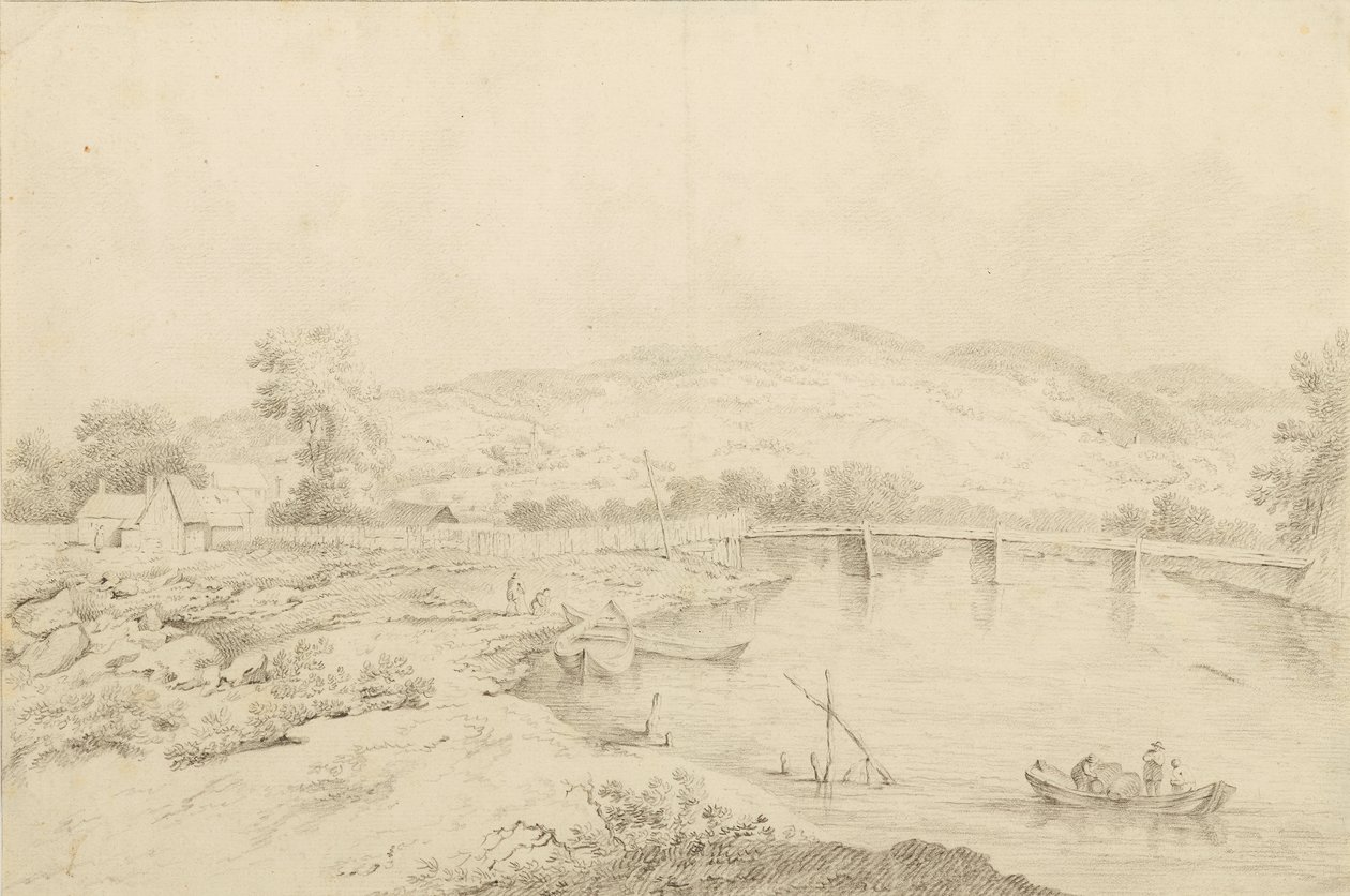 Paisaje junto al río, con puentes y barcos. de Unbekannter Künstler