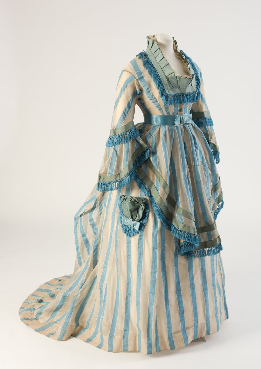 Vestido de día de gasa de algodón a rayas azules, 1874 de Unbekannt Unbekannt
