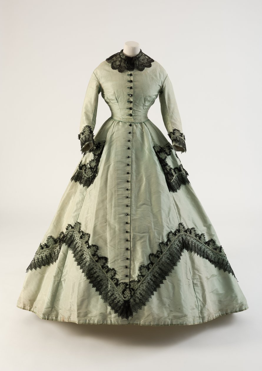 Vestido de seda verde claro con encaje aplicado hecho a máquina, 1860s de Unbekannt Unbekannt