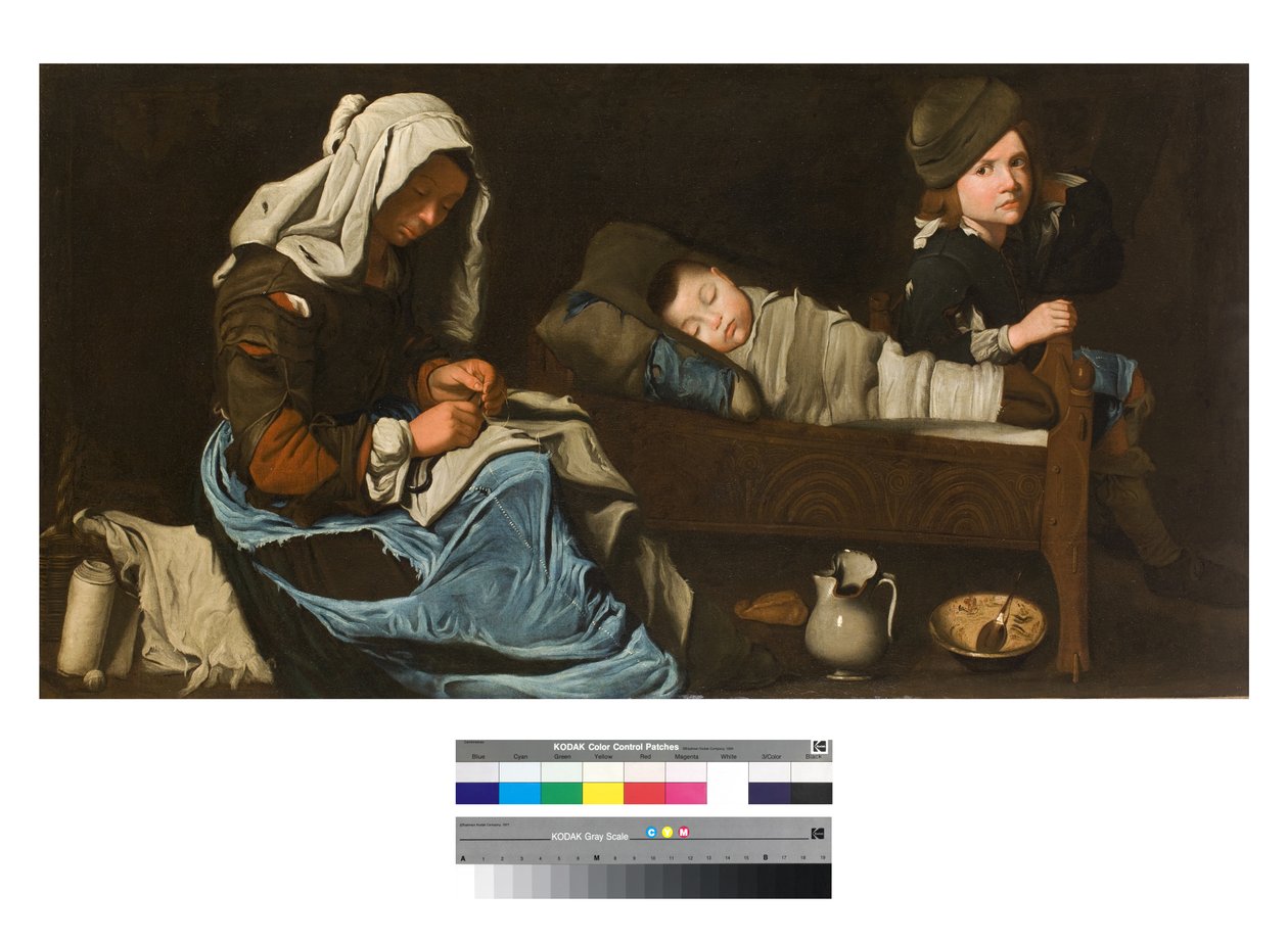 Madre cosiendo con dos niños de Unbekannt Unbekannt