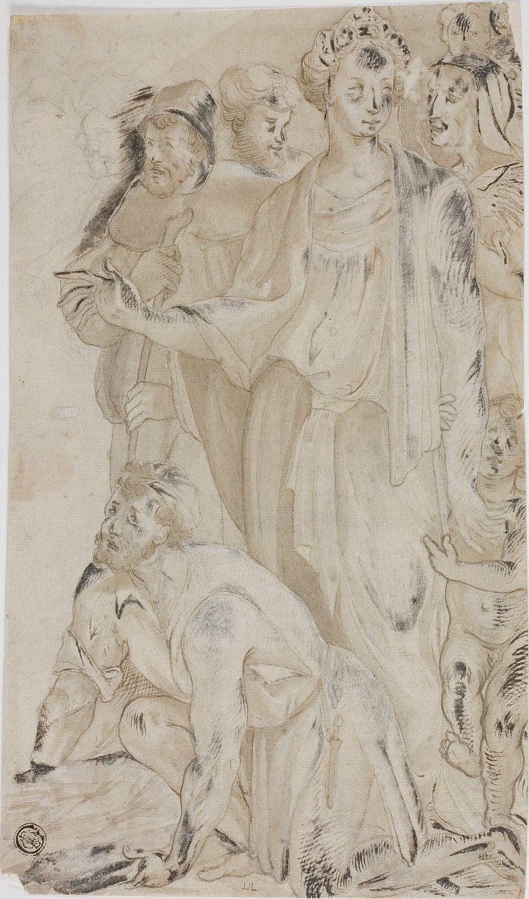 Mujer y niño desnudo rodeados de figuras de Unknown