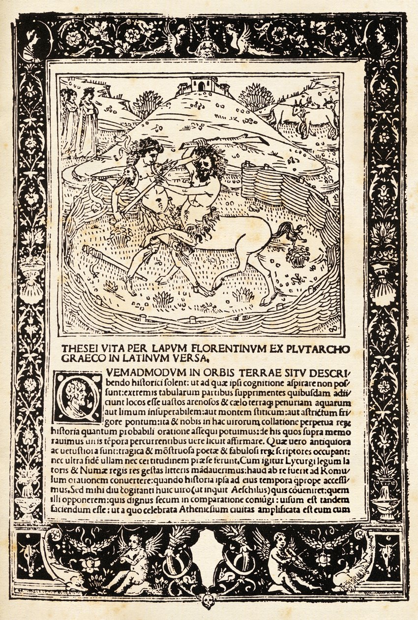 Lucha de Teseo con el Minotauro (xilografía) de Unknown artist
