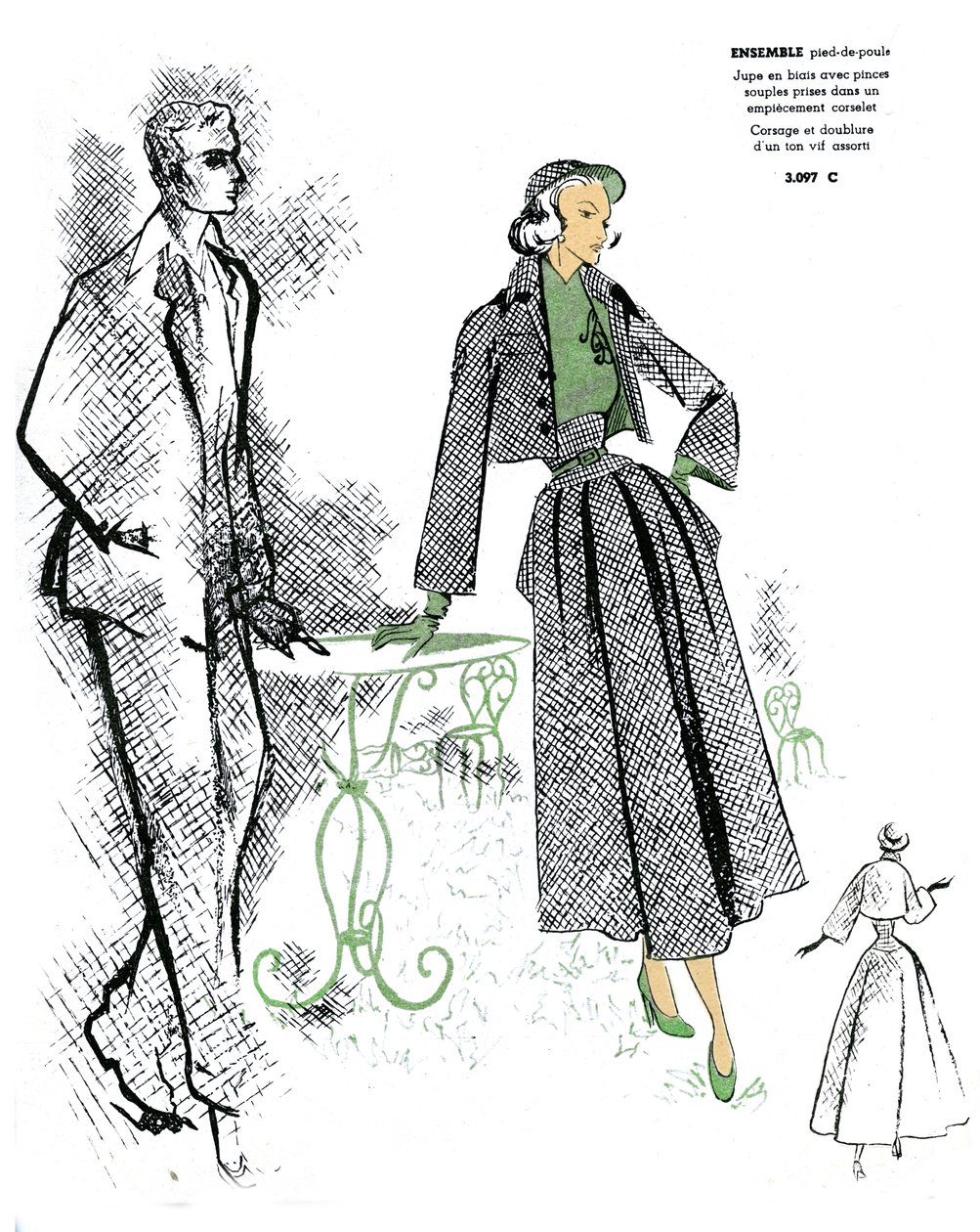 Moda francesa, diseño para conjunto de pata de gallo. de Unknown artist