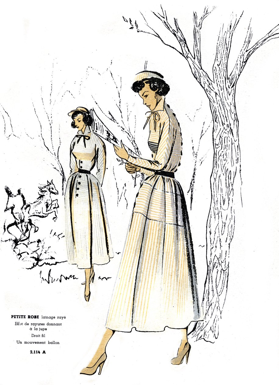 Moda francesa, diseño de vestido petite a rayas. de Unknown artist