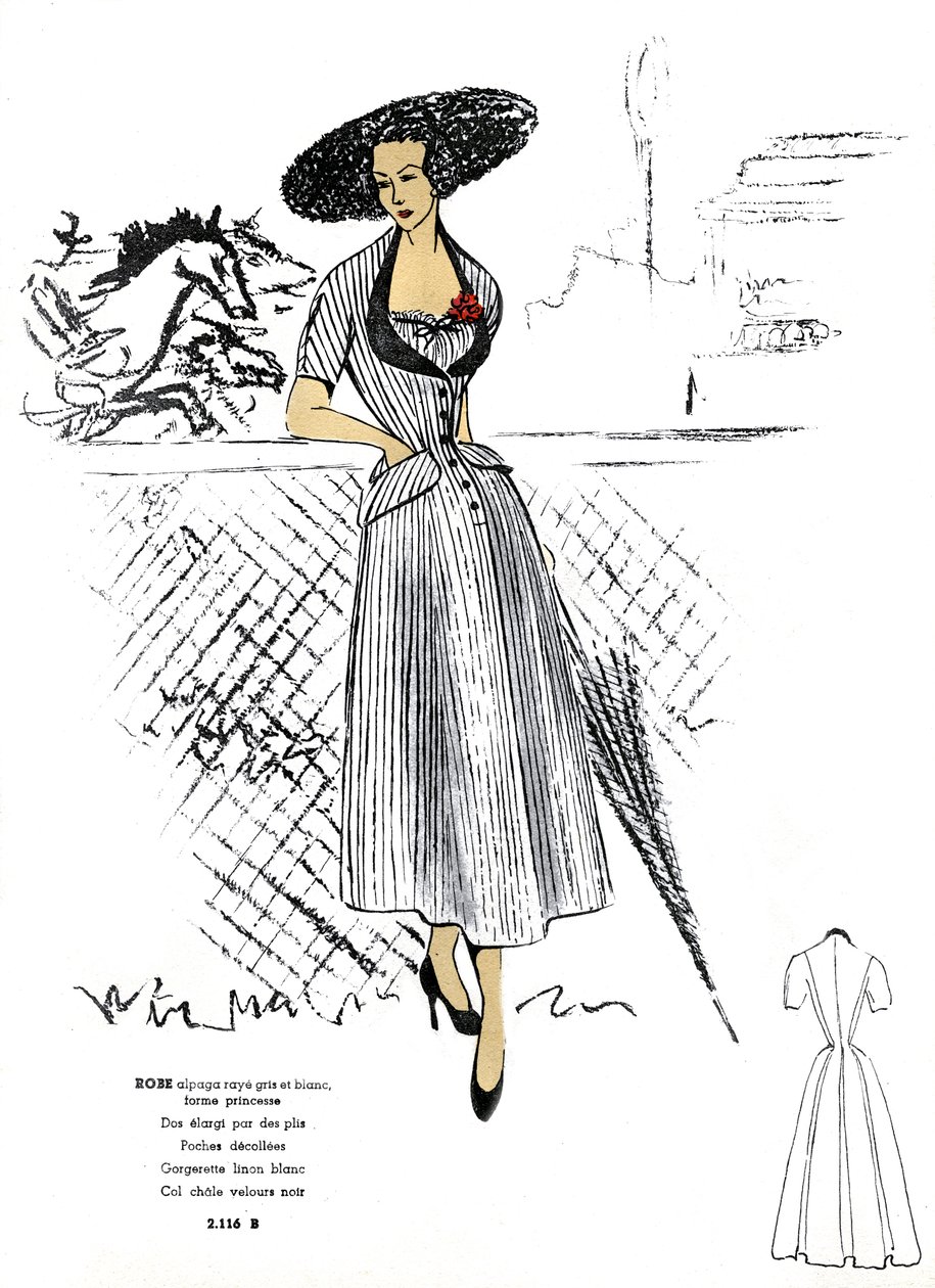 Moda francesa, diseño de vestido de alpaca a rayas. de Unknown artist
