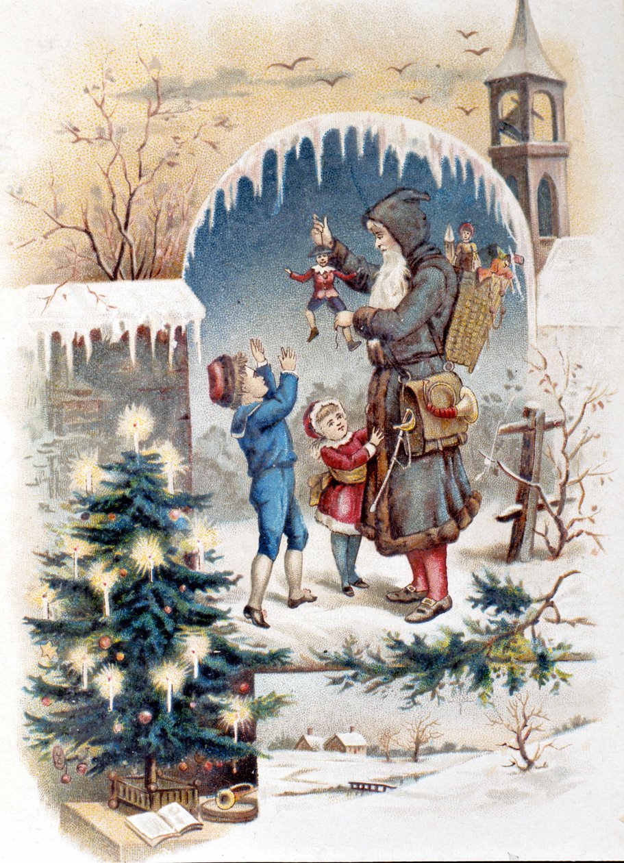 Papá Noel con niños. Cromolitografía de 1892. de Unknown artist