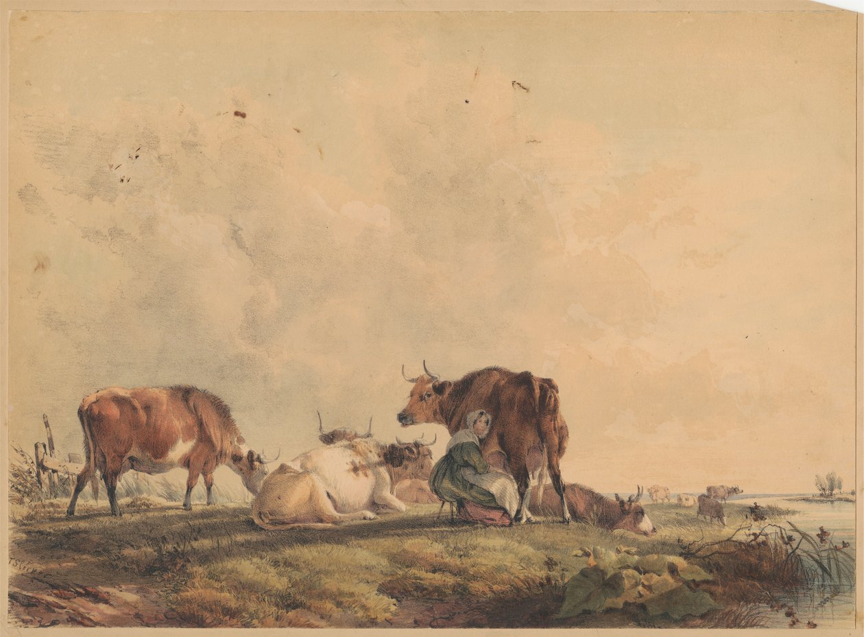 Mujer ordeñando una vaca de Unknown artist
