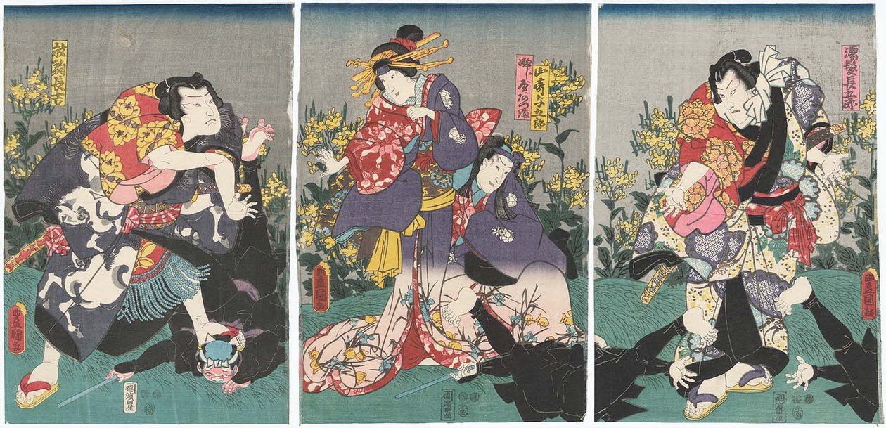 Actores Ichikawa Danjuro VIII como Nuregami Chogoro, Ichikawa Saruzo I como Yamasaki Yogoro, Iwai Kumesaburo III como Azuma del Fujiya, y Arashi Rikan III como Hanaregoma Chokichi de Utagawa Kunisada