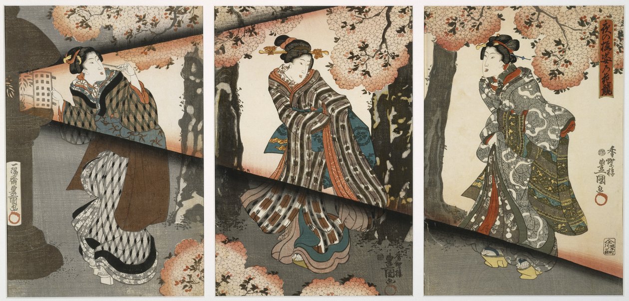 Escena nocturna con chicas y linternas, mediados del siglo XIX (tríptico) de Utagawa Kunisada