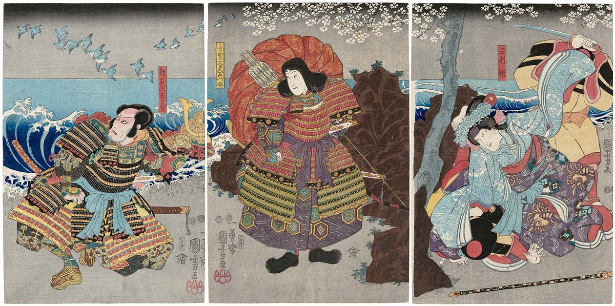 Actores Iwai Kumesaburo III como Tamaori-hime, Ichikawa Saruzo I como Mukan Dayu Atsumori, e Ichikawa Ebizo V como Kumagai Jiro Naozane de Utagawa Kuniyoshi