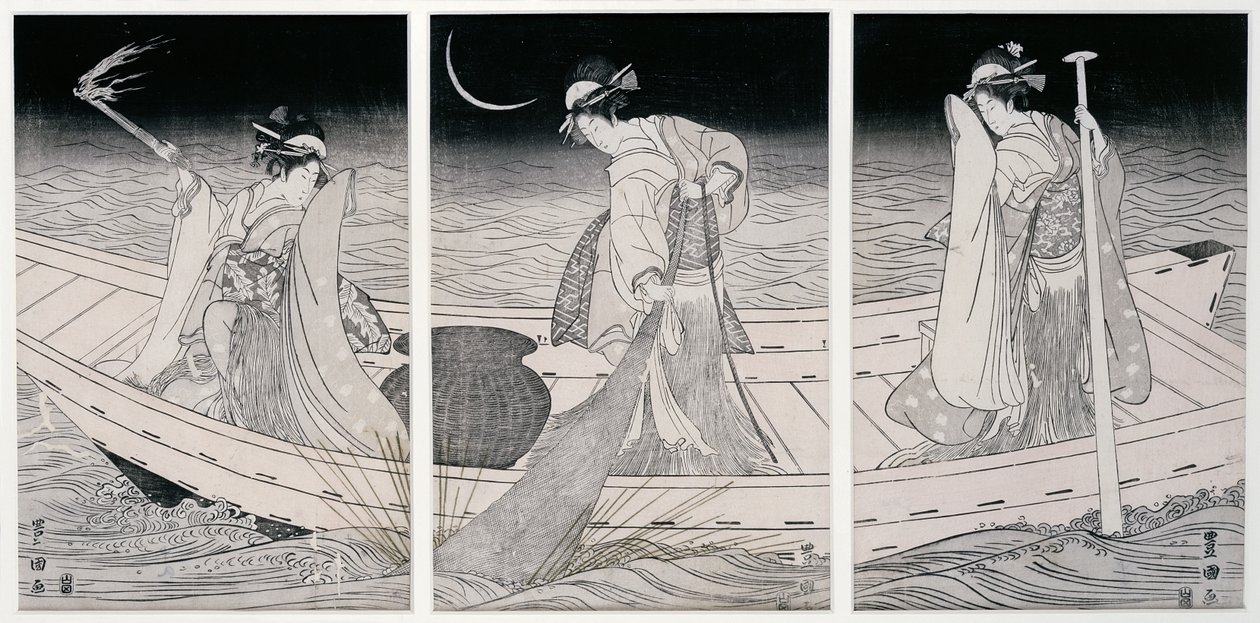 Tres mujeres en un bote pescando a la luz de una lámpara de Utagawa Toyokuni