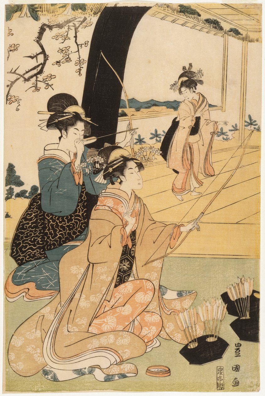 Joven samurái y asistentes femeninas practicando tiro con arco, mitad de un díptico, c.1800 de Utagawa Toyokuni