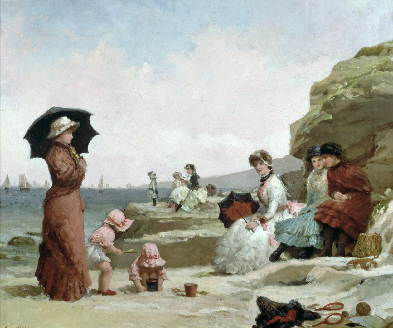 Marina, figuras en la playa, c.1870 de V. Chavigny