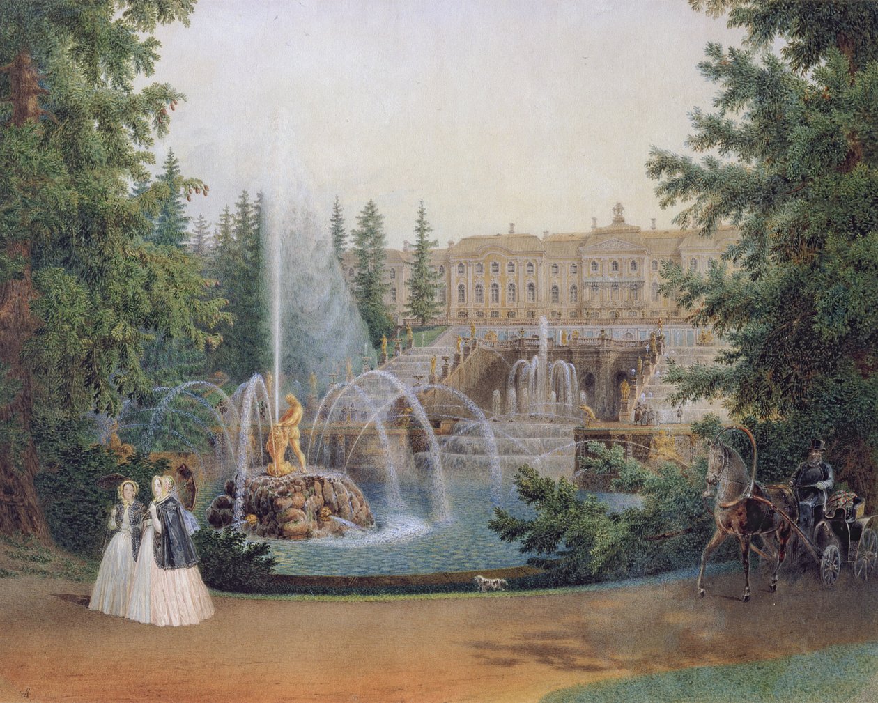 Vista de la Cascada de Marly desde el Jardín Inferior del Palacio de Peterhof, c.1830-60 de Vasili Semenovich Sadovnikov