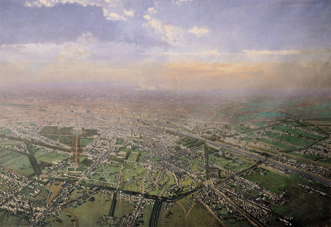 Vista general de París desde un globo aerostático, 1855 (detalle) de Victor Navlet