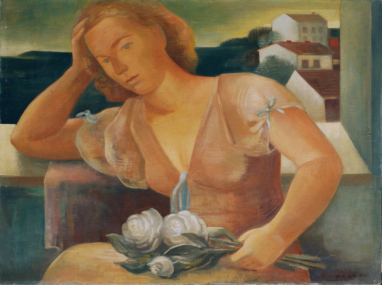 La esposa del artista con flores. de Viktor Planckh
