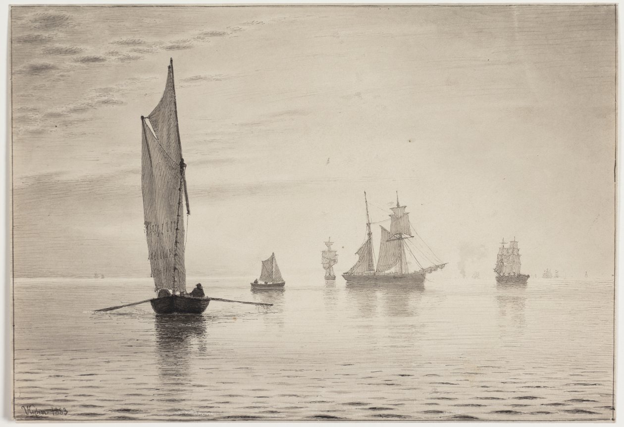 Barcos en clima tranquilo en el mar de Vilhelm Kyhn