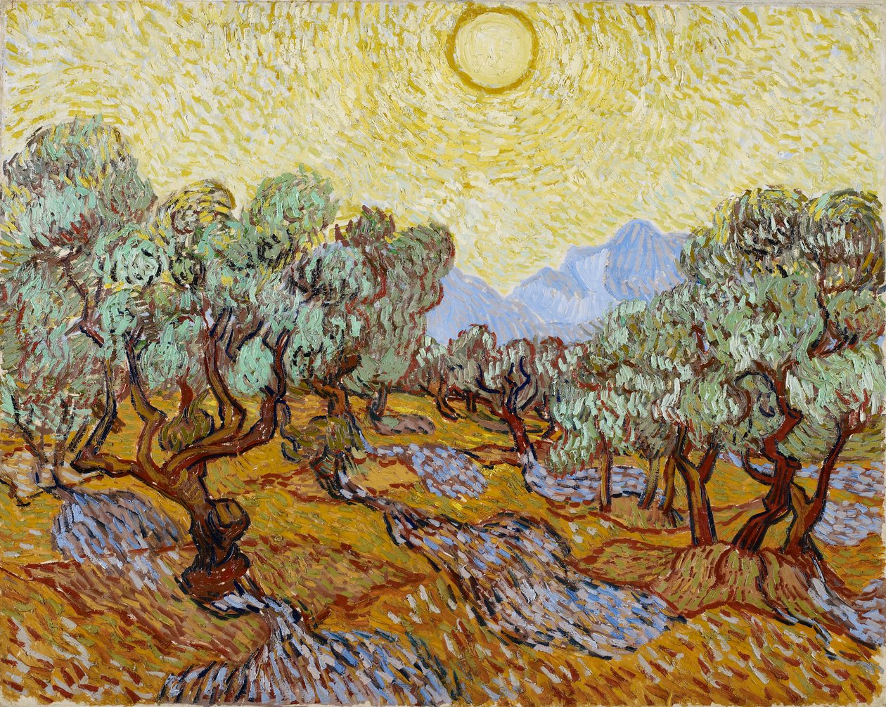 Olivos con cielo amarillo y sol de Vincent van Gogh