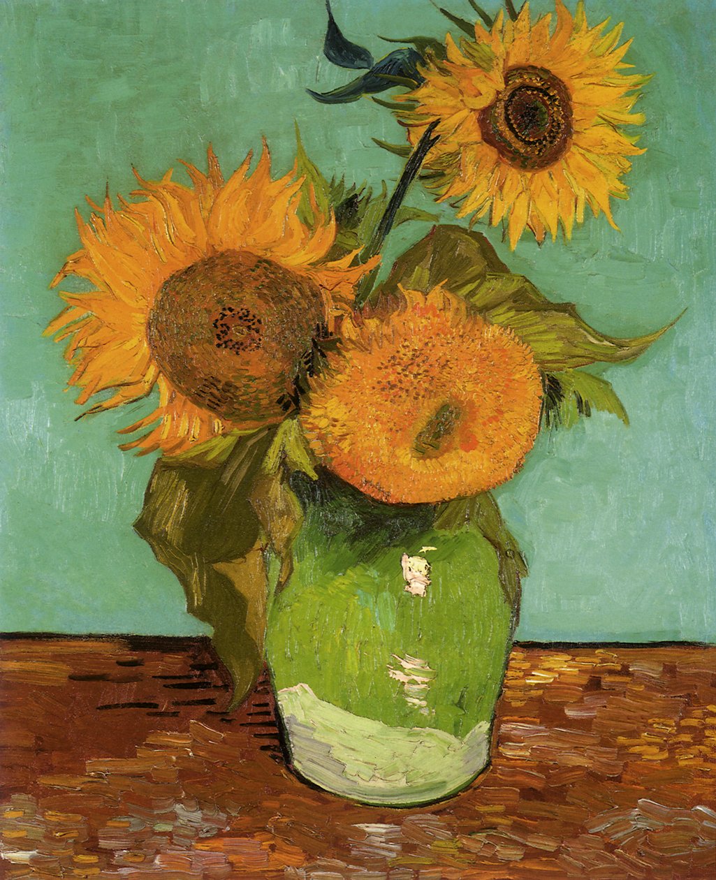 Tres girasoles en un jarrón de Vincent van Gogh