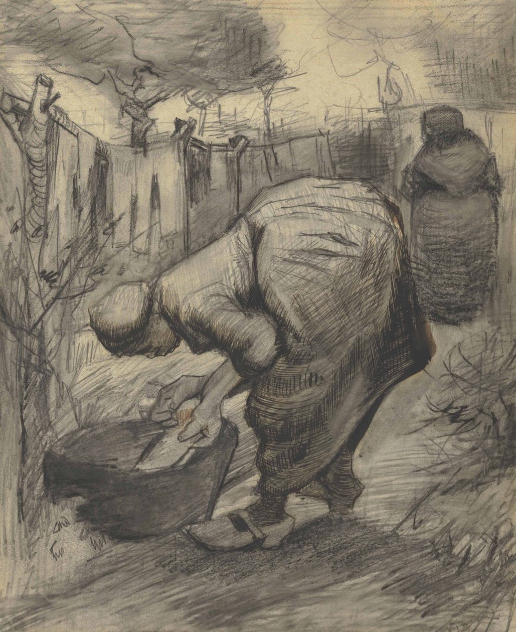 Campesina en el estanque en un jardín (1885) de Vincent van Gogh