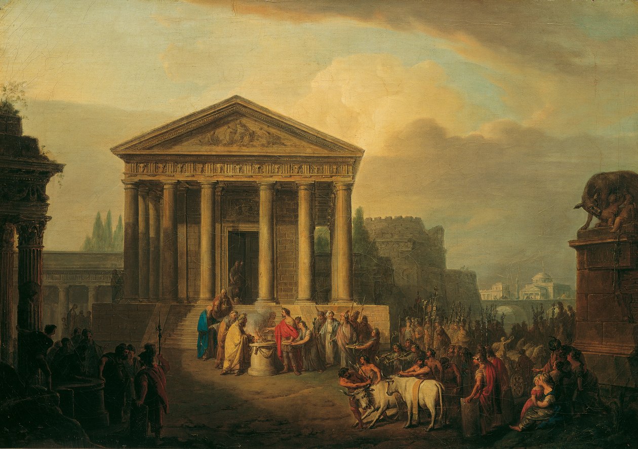 Acto sacrificial frente a un templo romano de Vinzenz Fischer