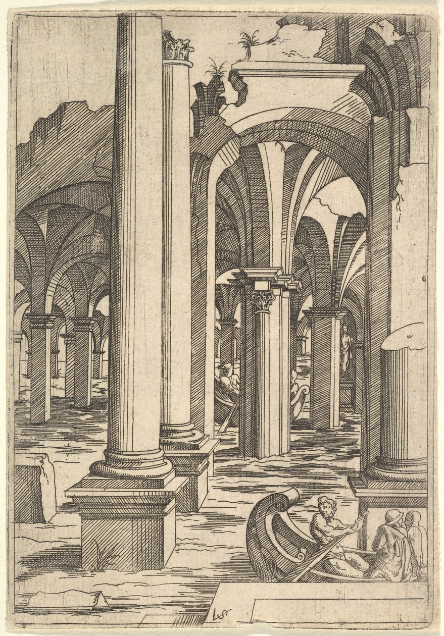 Botes remando a través de ruinas inundadas, ca. 1550-62 de Virgil Solis