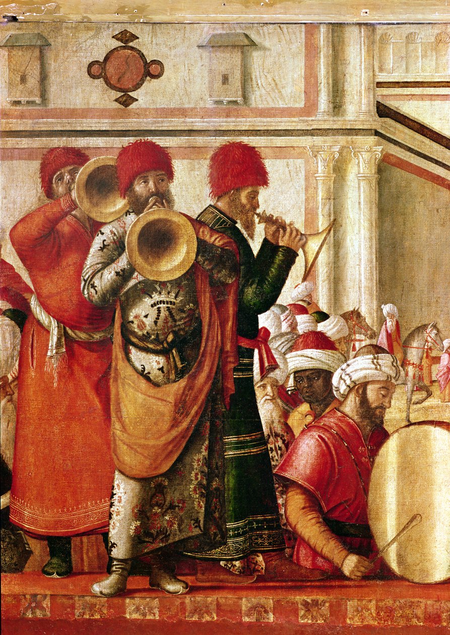 San Jorge bautizando a los gentiles, detalle de los músicos en el lado izquierdo, 1501-07 de Vittore Carpaccio